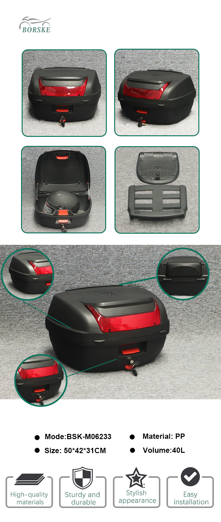 Borske 40L large capacity new PP Motorcycle top box motorcycle trunk tail box motorcycle storage box 1